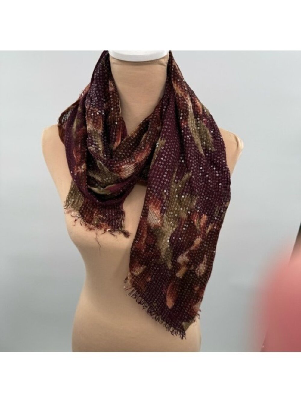 Lauren Ralph Lauren Sequin Scarf Burgundy Brown Abstract Lightweight Wrap